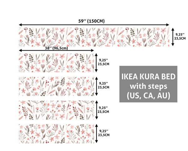 Decals For Kura Bed, Pink Wildflowers IKEA Kura Bed Decal for Girls, Floral Ikea bunk bed stickers, Peel & Stick Vinyl, Ikea Decals, Removable Decal, Custom Size