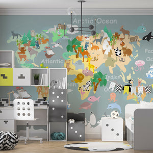 Global Map Wallpaper | Animal World Map Wall Mural
