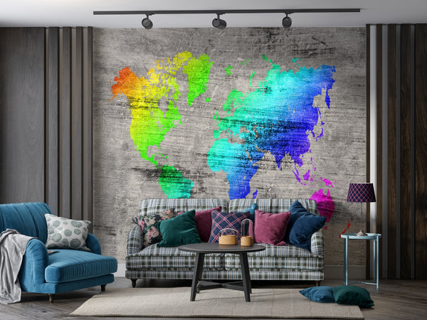 World Map Wallpaper, Non Woven, Rainbow Colors Continents Wallpaper, Colorful Map Wall Mural