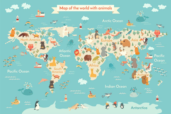 Kids World Map Wallpaper, Non Woven, World Map with Animals Wallpaper Mural for Nursery
