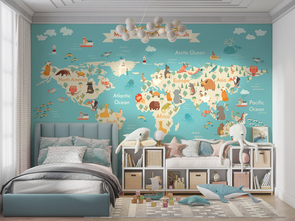 World Map Murals for Walls | World Map with Animals Wallpaper Mural for Nursery