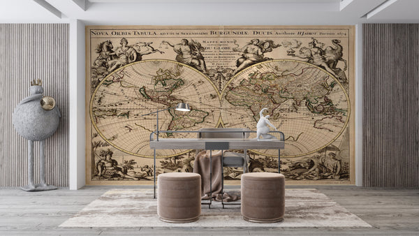 World Map Wallpaper, Non Woven, Antique Map Wallpaper, Geographical Map Wall Mural