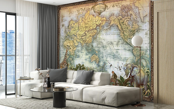 World Map Wallpaper, Non Woven, Antique World Map Wallpaper, Geographical Map with Animals  Wall Mural