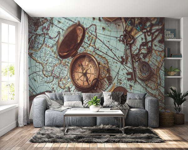 World Map Wallpaper | Vintage World Map With Compass Wallpaper