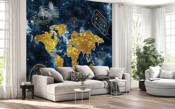 World Map Wallpaper, Non Woven, Golden World Map Wallpaper, Dark Blue Sky with Stars Wall Mural