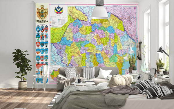 World Map Wallpaper, Non Woven, Romania Physical Map Wallpaper, Old Romanian Map Wall Mural