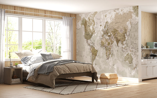 World Map Wallpaper, Non Woven, International World Antique Wallpaper, Brown & Beige Wall Mural