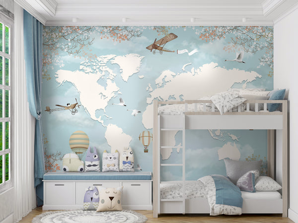 Kids World Map Wallpaper, Non Woven, Boy World Map Around World Wallpaper, Vintage Airship Wall Mural for Nursery