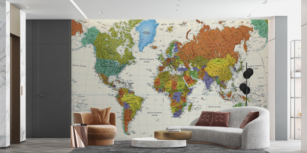 World Map Wallpaper, Non Woven, World map Wallpaper, Detailed political map of the World Wall Mural