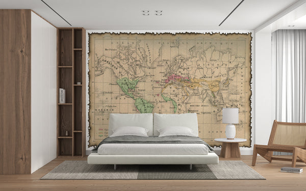 World Map Wallpaper, Non Woven, Vintage World Wide Map Wallpaper, Beige Colors Wall Mural