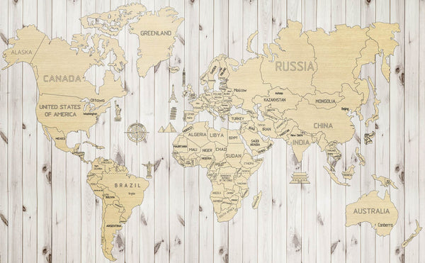 World Map Wallpaper, Non Woven, Beige World Wide Map Wallpaper, Wooden Texture Imitation Wall Mural