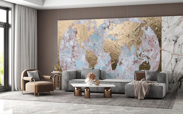 World Map Wallpaper, Non Woven, Golden Map Wallpaper, Abstract Modern Wall Mural