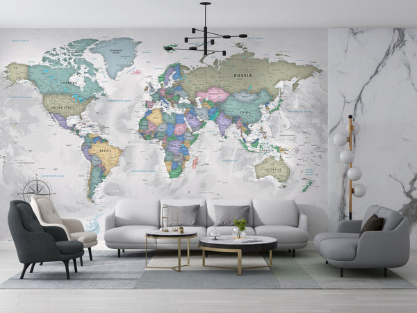 World Map Wallpaper, Non Woven, Political  Map Wallpaper, Modern Grey-Blue World Wide Map Wall Mural