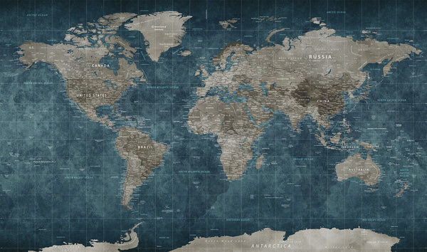 World Map Wallpaper, Non Woven, Grey Political World Map Wallpaper, Modern Dark Blue Map Wall Mural