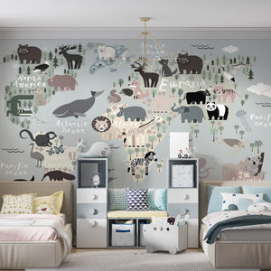 Political World Map Wallpaper Mural | Grey Map of Continents and Animals Wall Mural for Nursery