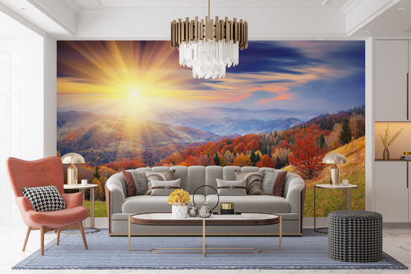 Nature Wallpaper, Non Woven, Sunny Autumn Forest Wallpaper, Sunset and Colorful Trees Wall Mural
