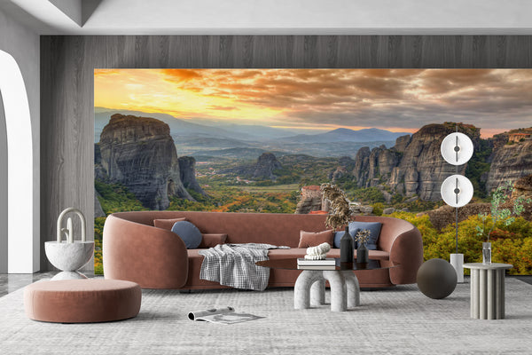 Nature Wallpaper, Non Woven, Monastery in Forest, Cloudy Sunset Wall Mural