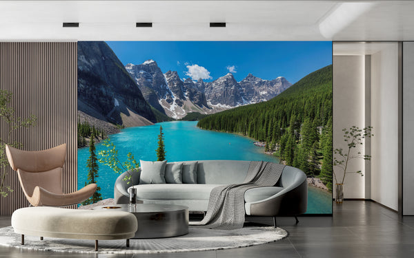 Nature Wallpaper, Non Woven, Blue Lake Wallpaper, Mountains and Green Forest Wall Mural