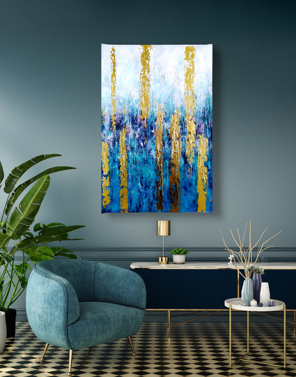 Canvas Wall Art, Gold & Blue Abstract Texture Wall Poster