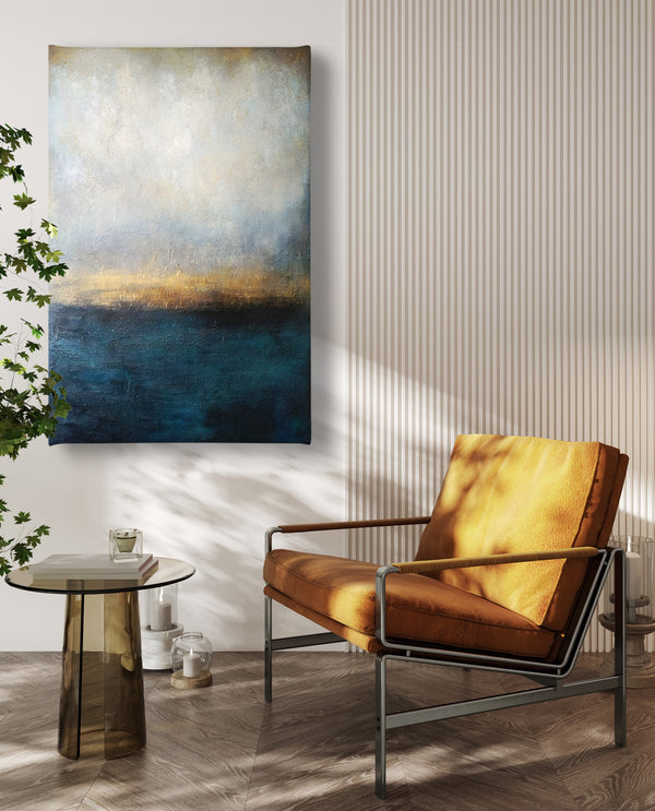 Canvas Wall Art, Vintage Gold & Blue Abstract Oil Painting Wall Poster