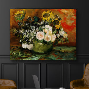 Canvas Wall Art - Oil Painted Roses and Sunflowers
