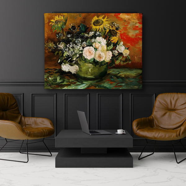 Canvas Wall Art, Oil Painted Roses and Sunflowers, Wall Poster