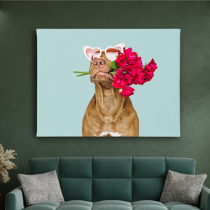 Canvas Wall Poster -  Cute Dog with Pink Flowers