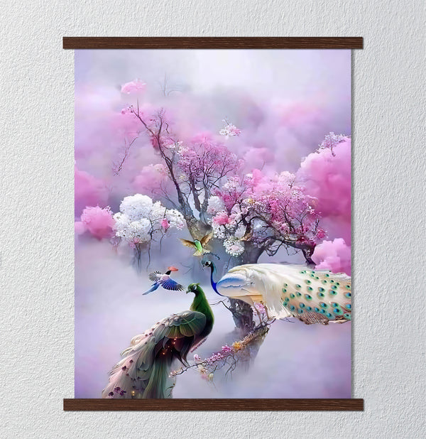 Canvas Wall Art, Pink Flower Trees & Peacock Birds, Wall Poster