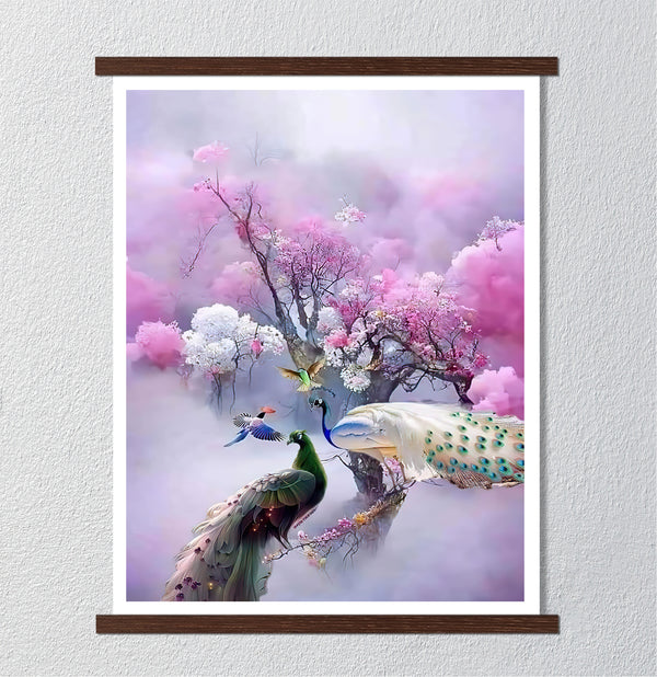 Canvas Wall Art, Pink Flower Trees & Peacock Birds, Wall Poster