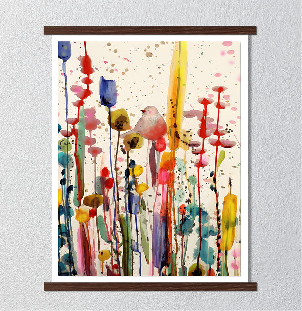 Canvas Wall Art, Watercolor Colorful Birds & Flowers, Wall Poster