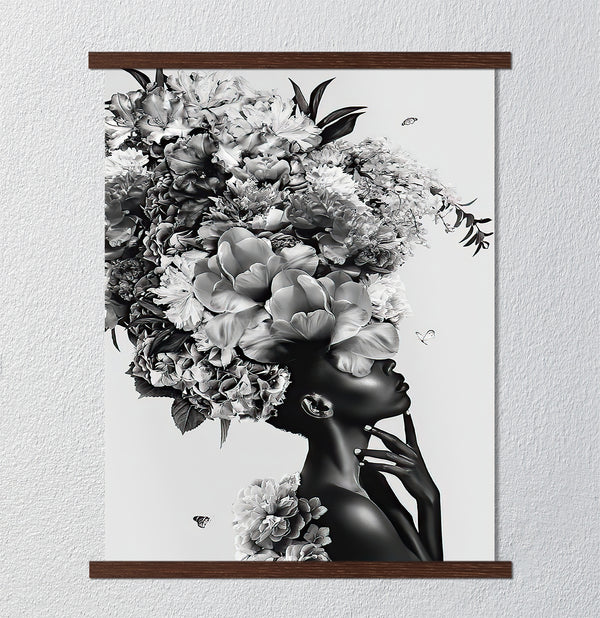 Canvas Wall Art, Black & White Flower Girl, Wall Poster
