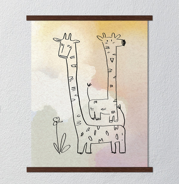 Canvas Kids Wall Art, Handraw Giraffes, Nursery Wall Poster