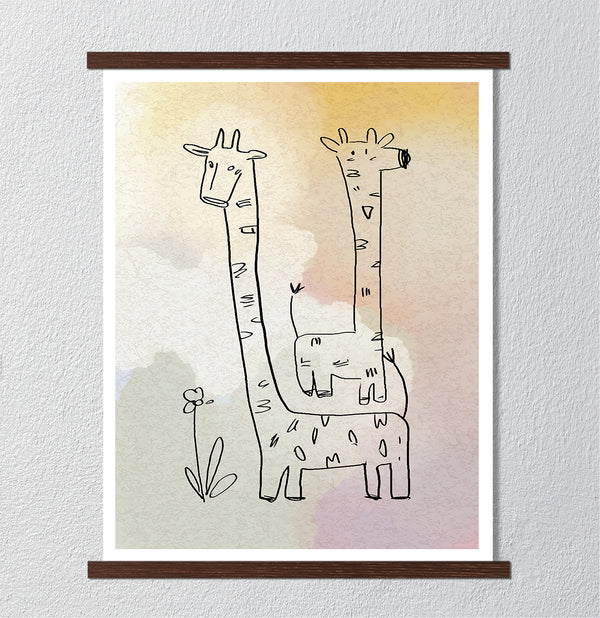 Canvas Kids Wall Art, Handraw Giraffes, Nursery Wall Poster