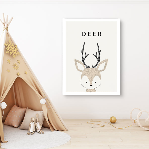 Canvas Kids Wall Art, Cute Deer Animal, Nursery Wall Poster