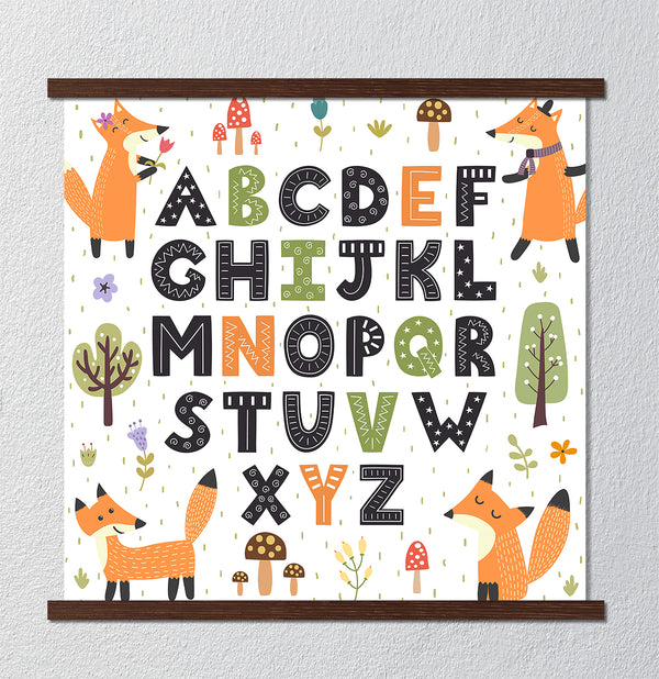 Canvas Kids Wall Art, Alphabet with Fox Animals, Nursery Wall Poster