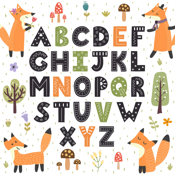 Canvas Kids Wall Art, Alphabet with Fox Animals, Nursery Wall Poster