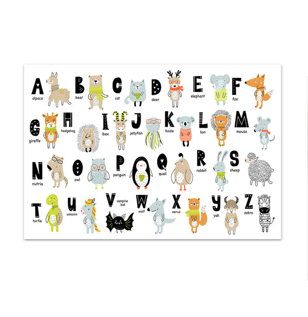 Canvas Kids Wall Art, English Alphabet with Animals, Nursery Wall Poster