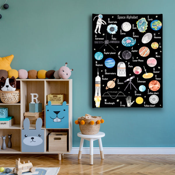 Canvas Kids Wall Art, Alphabet with Planets & Galaxy, Nursery Wall Poster