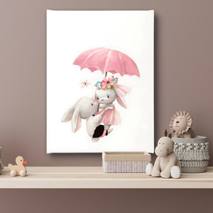 Nursery Wall Poster - Cute Rabbits & Pink Butterfly