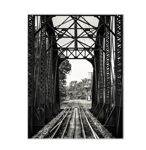 Canvas Wall Art, Black & White Railroad on a Metal Bridge, Wall Poster