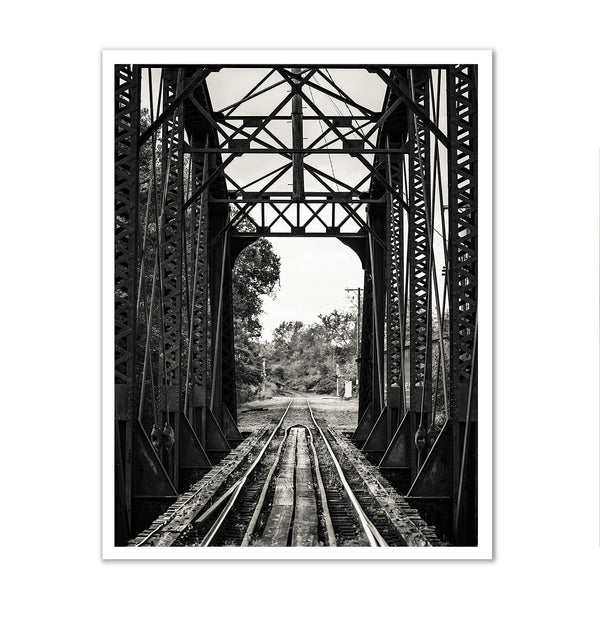 Canvas Wall Art, Black & White Railroad on a Metal Bridge, Wall Poster