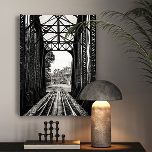 Canvas Wall Art - Black & White Railroad on a Metal Bridge