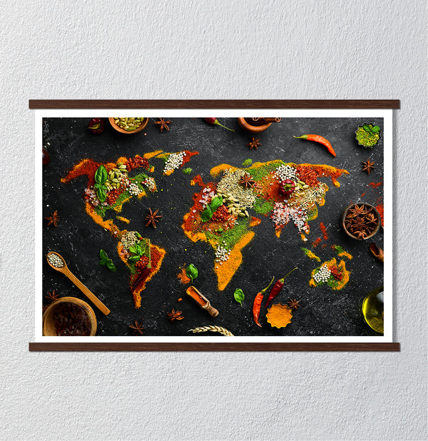 Canvas Wall Art, Spices & Herbs in the shape of a World Map , Wall Poster