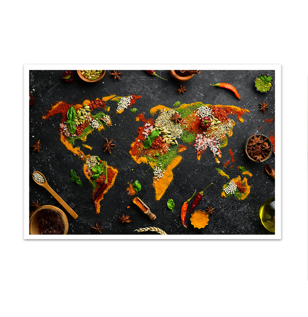 Canvas Wall Art, Spices & Herbs in the shape of a World Map , Wall Poster