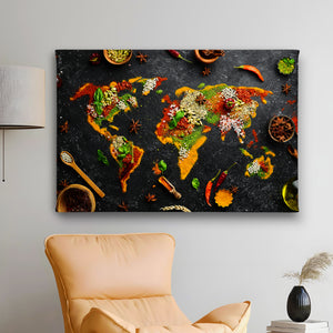 Canvas Wall Art - Spices & Herbs in the shape of a World Map 