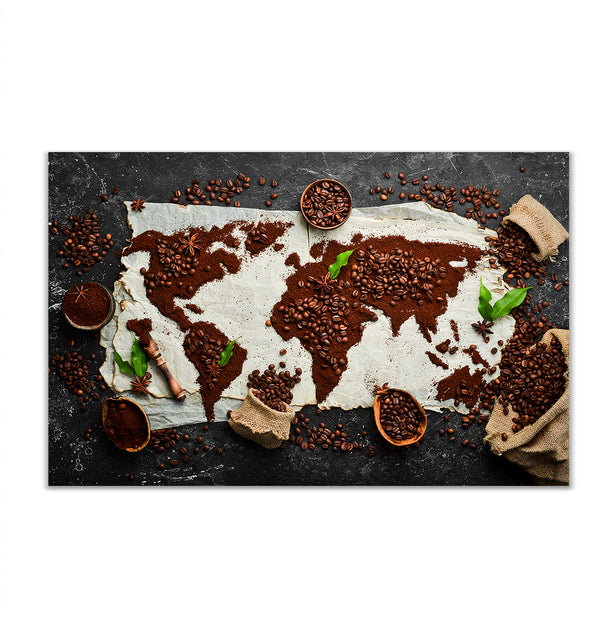 Сanvas Wall Art, Coffee Beans in the shape of a World Map , Wall Poster, Wall Poster