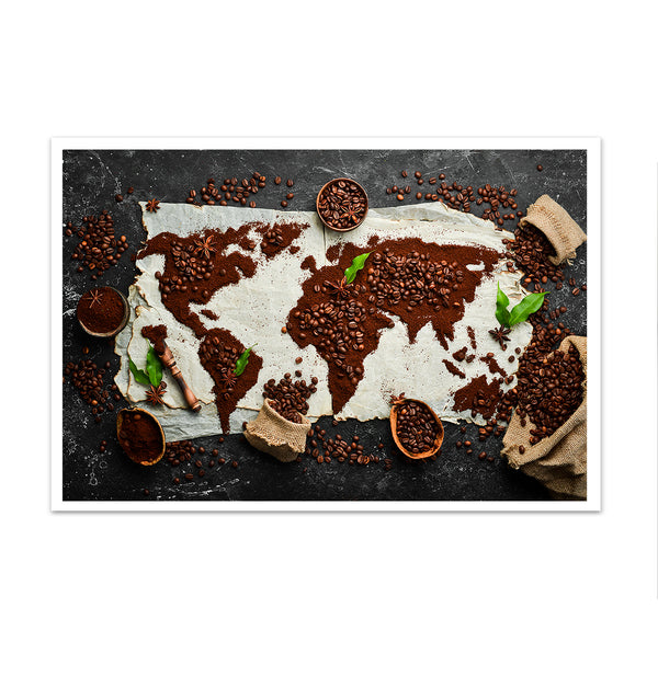 Сanvas Wall Art, Coffee Beans in the shape of a World Map , Wall Poster, Wall Poster