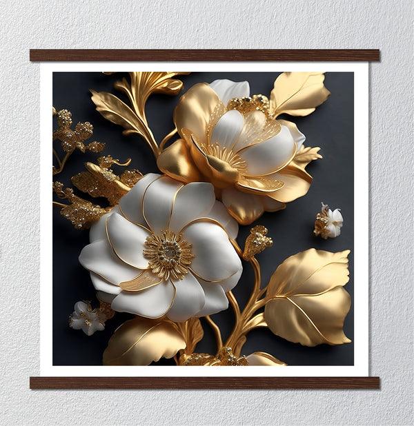 Canvas Wall Art, Gold and White Flowers Wall Poster