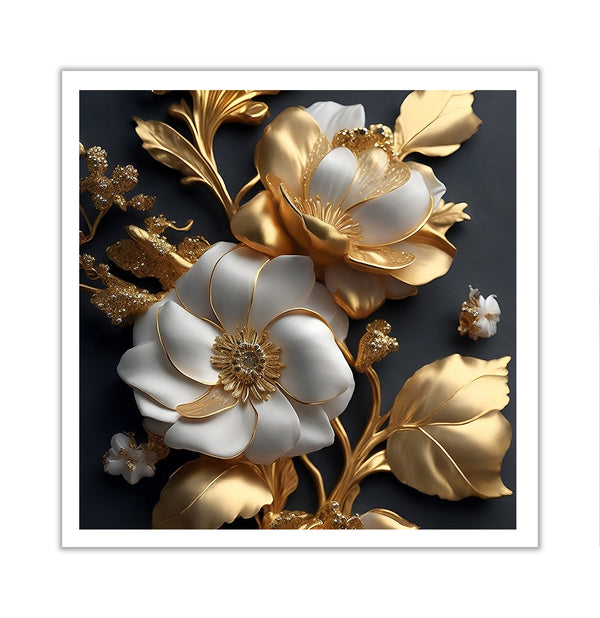 Canvas Wall Art, Gold and White Flowers Wall Poster