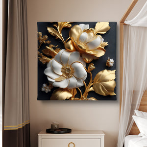 Canvas Wall Art -  Gold and White Flowers Wall Poster